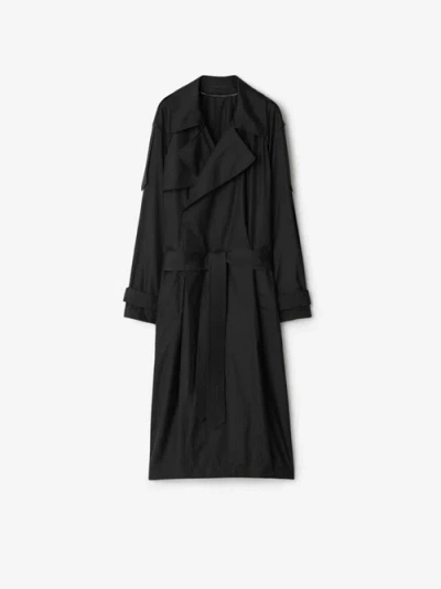 Burberry Long Silk Trench Coat In Black