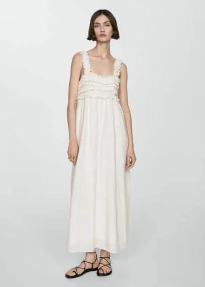 Mango Straps Dress With Fringes Detail Off White In Blanc Cassé