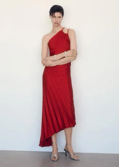 Mango Asymmetrical Pleated Dress Red In Rouge