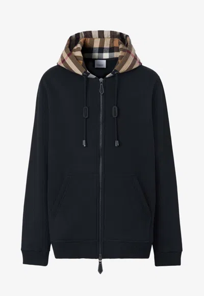 Burberry Check-pattern Zip-up Hooded Sweatshirt In Black