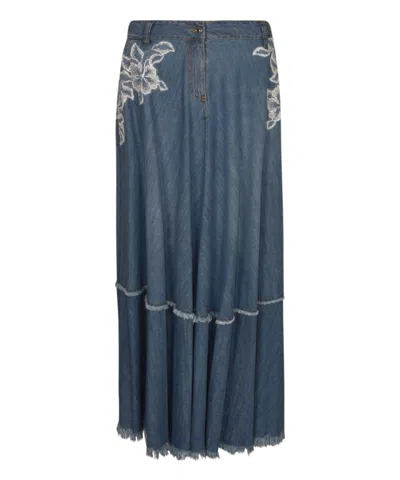 Ermanno Scervino Floral Embroidered Pleated Skirt In Blue