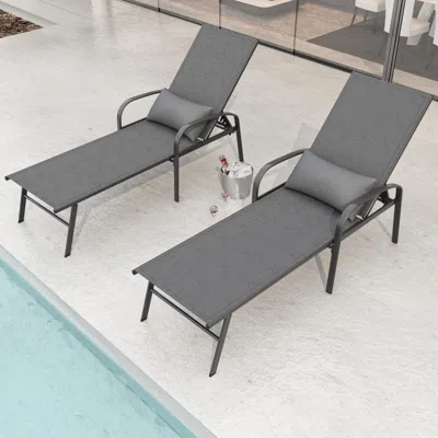 Simplie Fun 2 Pieces Set Outdoor Patio Swimming Pool Lounge Gray Color With Pillow