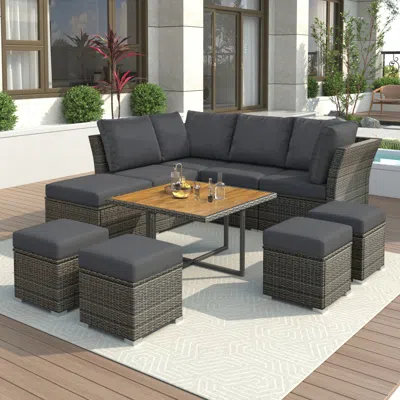 Simplie Fun Patio Furniture Set, 9 Piece Outdoor Conversation Set, Coffeetable With Ottomans, Solid Wood Coffee In Gray