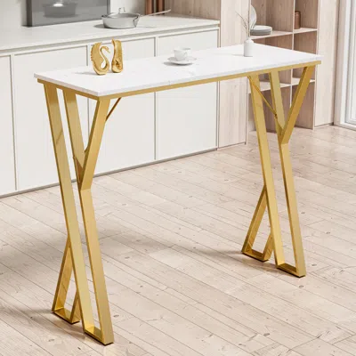Simplie Fun 47" Modern High White Bar Table With Golden Double Pedestal
