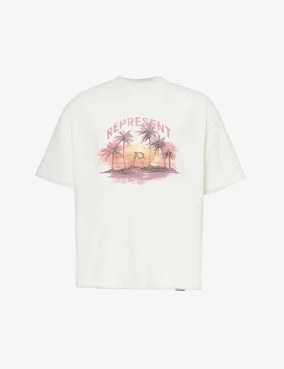 Represent Mens Flat White Sunset Branded-print Cotton-jersey T-shirt