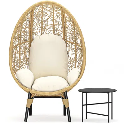 Simplie Fun Patio Pe Wicker Egg Chair Model 3 With Natural Color Rattan Beige Cushion And Side Table In Brown