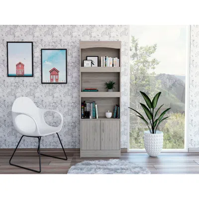 Simplie Fun Simma Bookcase, Metal Hardware, Three Shelves, Double Door Cabinet -light Gray
