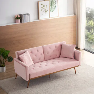 Simplie Fun 68.3" Pink Velvet Nail Head Sofa Bed With Throw Pillow And Midfoot