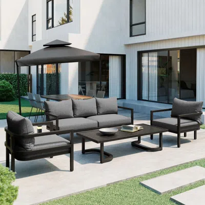 Simplie Fun Multi-person Outdoor Steel Sofa Set, Waterproof, Anti-rust And Anti-uv, Suitable For Gardens And Law In Black
