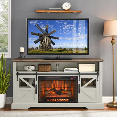 Simplie Fun 60 Inch Electric Fireplace Entertainment Center With Door Sensor-jasmine White Color In Neutral