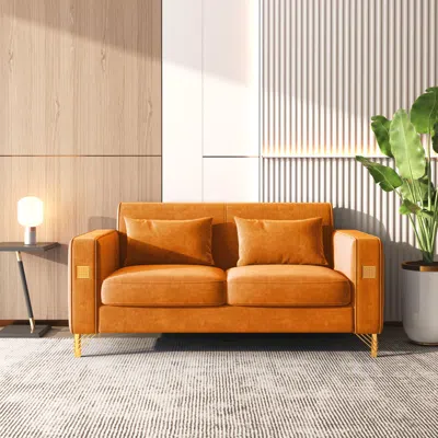 Simplie Fun Velvet Loveseat With Pillows And Gold Finish Metal Leg For Living Room In Orange
