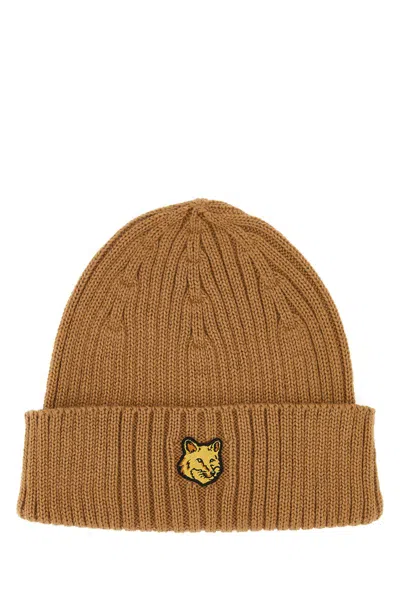 Maison Kitsuné Camel Wool Beanie Hat In Golden Brown