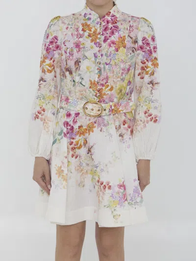 Zimmermann + Net Sustain Natura Belted Floral-print Linen Mini Dress In White