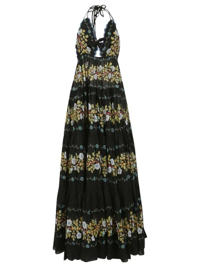 Etro Cutout Floral Cotton Tiered Maxi Halter Dress In Black