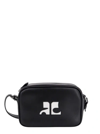 Courrèges Leather Shoulder Bag With Frontal Logo In Black