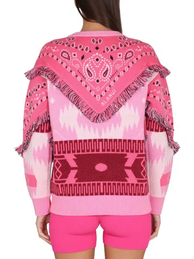 Alanui Icon Jacquard Bandana Patch Fringe-trim Wool Sweater In Pink