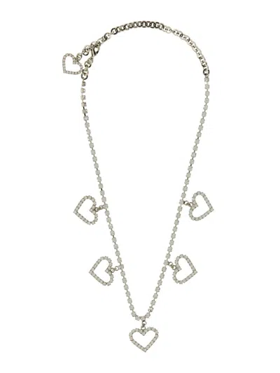 Alessandra Rich Crystal Necklace With Heart Pendants In Silver