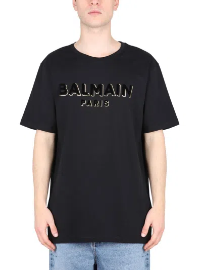 Balmain Men's Flocked Foil Logo T-shirt In Black