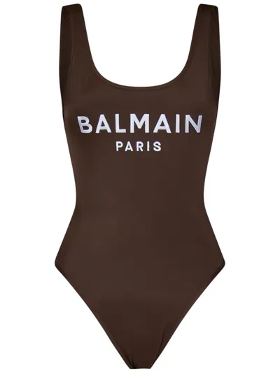 Balmain Logo Printed One Piece Swimsuit In Brown