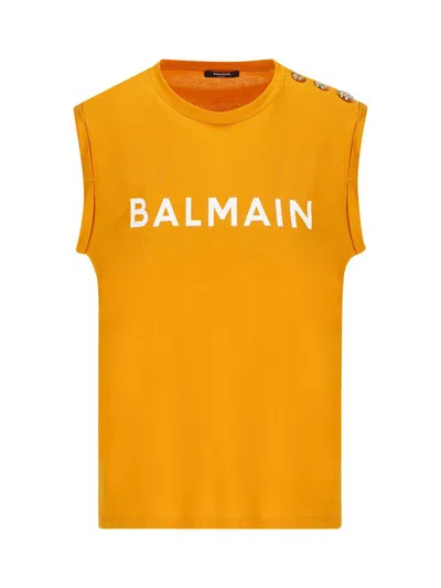 Balmain Logo Printed Sleeveless Top In Orange/blanc