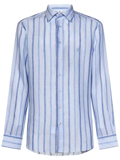 Etro All-over Striped Pattern Light Blue Linen Shirt