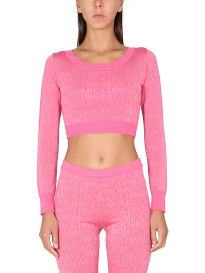 Moschino Short Allover Logo Pullover In Pink