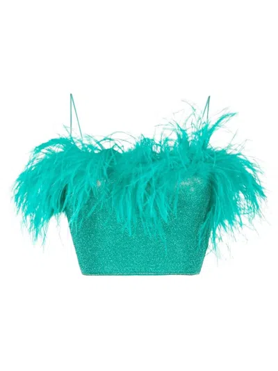 Oseree Oséree Glitter Feather Trimmed Crop Top In Green