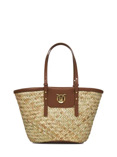 Pinko Love Summer Beige Tote Bag With Logo Detail In Rafia And Leather Woman In Brown