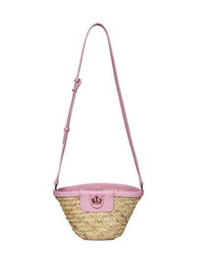 Pinko Love Summer Raffia Bucket Bag In Beige