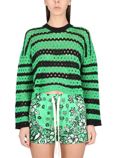 Red Valentino Striped Open-knit Cotton Jumper In Green