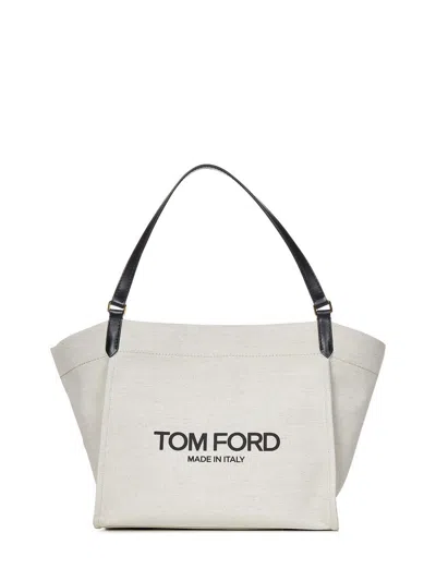Tom Ford Canvas And Leather Large Tote Bag In Beige