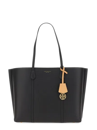 Tory Burch Perry Black Shopping Bag With Charm In Grainy Leather Woman