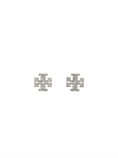 Tory Burch Crystal Logo Earrings In Silver