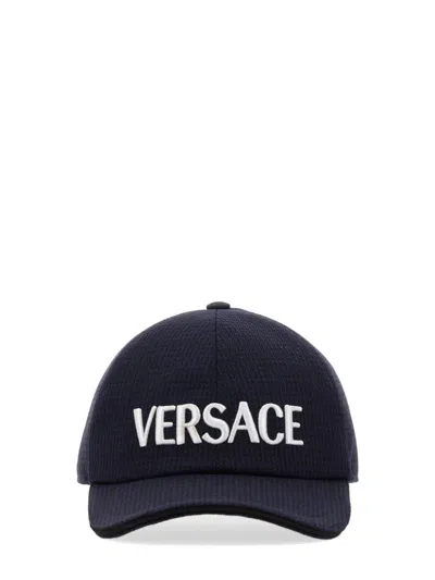 Versace Logo Wool Baseball Hat In Blue