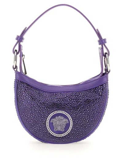Versace Crystal Repeat Mini Silk Hobo Bag In Purple