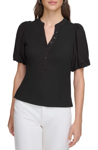 Dkny Women's Puff-sleeve Ribbed Henley Shirt In Black