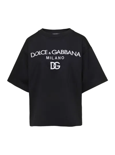 Dolce & Gabbana Jersey T-shirt With Flocked Logo Print In Black