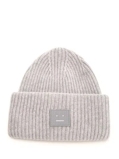 Acne Studios Face Logo Patch Ribbed Beanie In Light Grey Melange