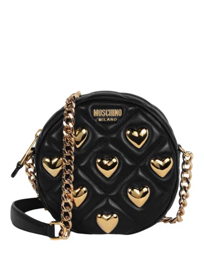 Moschino Heart Studs Quilted Shoulder Bag In Black Gold