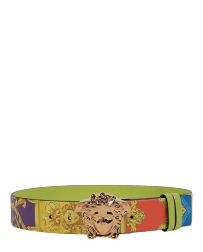 Versace Barocco Reversible Leather Belt In Yellow