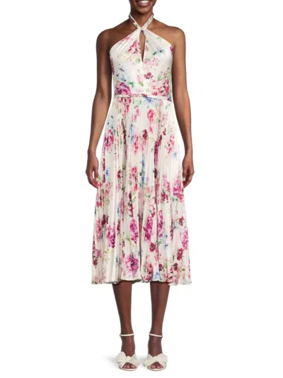 Monique Lhuillier Floral Hammered Satin Midi-dress In White Pink