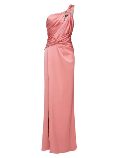 Theia Gloria Pleated Twist-front One-shoulder Gown In Sugar Coral