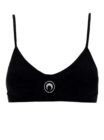 Marine Serre Black Top With Crescent Moon Embroidery In Ribbed Cotton Woman