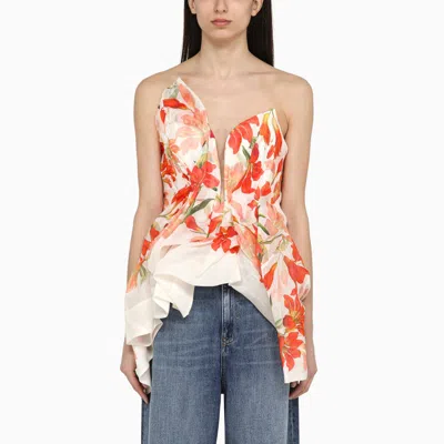 Zimmermann Tranquility Strapless Floral-print Linen And Silk-blend Bustier Top In Red