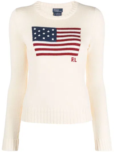 Ralph Lauren Flag Cotton Crewneck Sweater In Cream