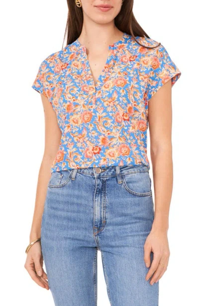 Vince Camuto Women's Floral Split Neck Short Sleeve Blouse In French Blue Floral