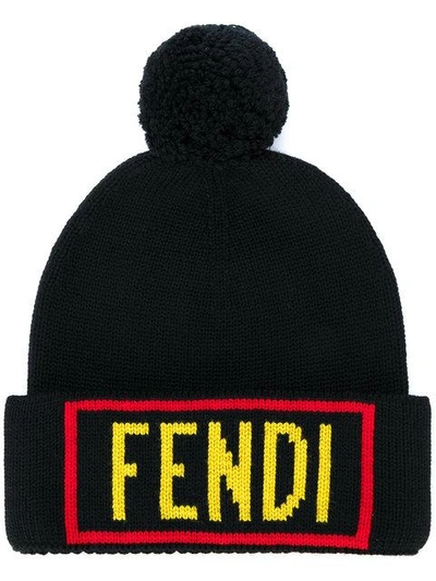 Fendi Logo Intarsia Wool Knit Beanie Hat In Black