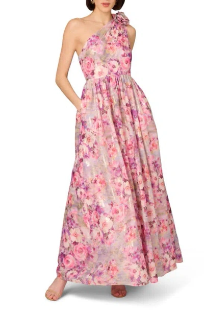 Aidan Mattox By Adrianna Papell Floral One-shoulder Jacquard Ballgown In Pink Multi