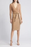Bebe Mixed Media Long Sleeve Lace & Faux Leather Dress In Camel