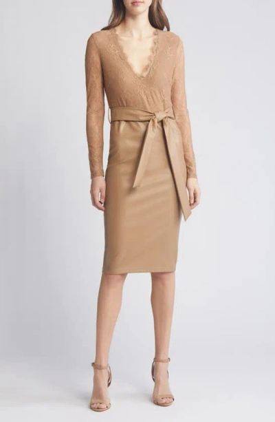Bebe Mixed Media Long Sleeve Lace & Faux Leather Dress In Camel